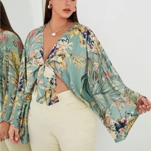 Shein | Curve Plus Tropical Botanical Print Knot Front Cropped Kimono SZ | 4XL